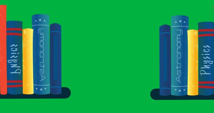 Digital animation of multiple books icons against black background