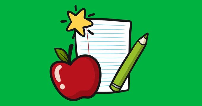 Digital animation of paper, apple and pencil icons against black background