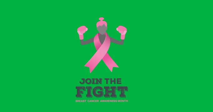 Join the fight text banner with pink ribbon over female boxer against black background