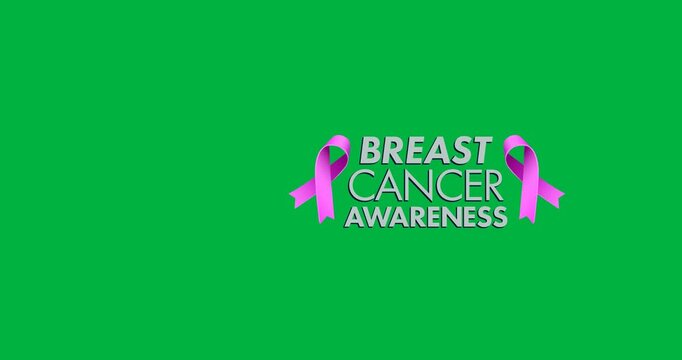 Digital animation of breast cancer awareness text with purple ribbon icons against black background