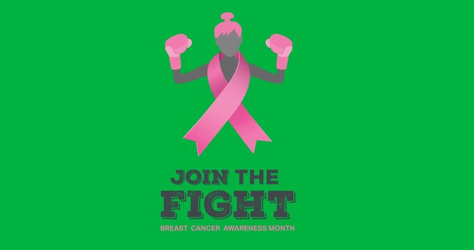 Join the fight text banner with pink ribbon over female boxer icon against black background