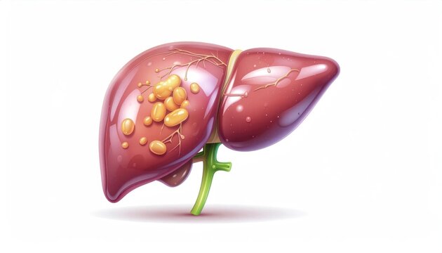 Liver with gallstones medical illustration.