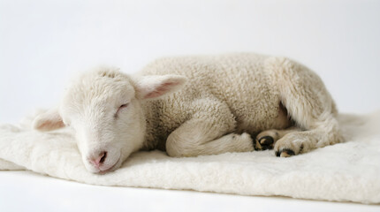 Naklejka premium Sleeping lamb resting on a soft blanket