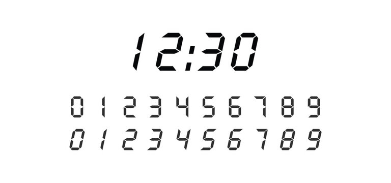Digital display of black numbers in seven-segment style, including scoreboard, clock, stopwatch, calculator, and electronic meter icons. 

