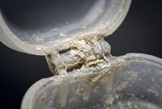 Close-up of a plastic retainer case hinge encrusted with dried saliva scale
