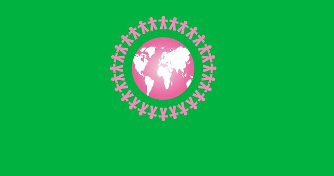 Digital animation of people holding hands icon around a globe against black background