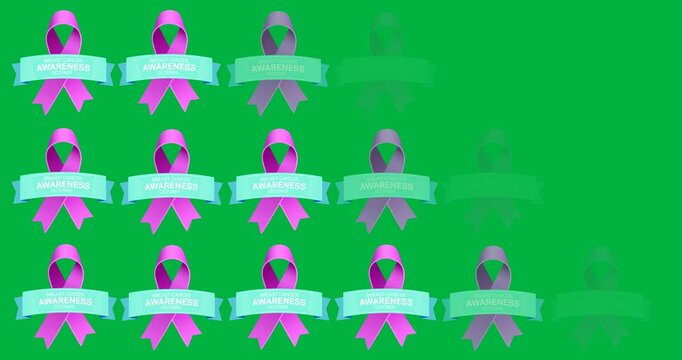 Multiple breast cancer awareness text banners over purple ribbon icons against black background