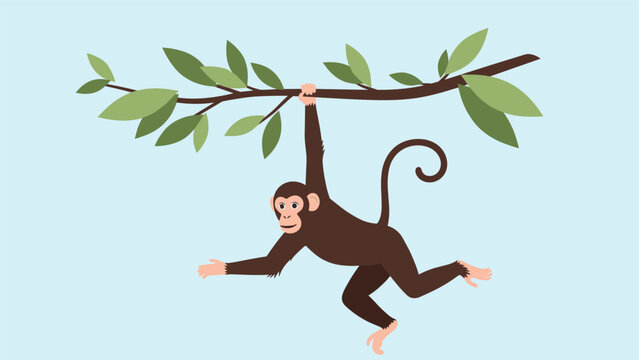 Playful brown monkey swings from a green leafy tree branch with its long tail curled and a happy expression on its face.