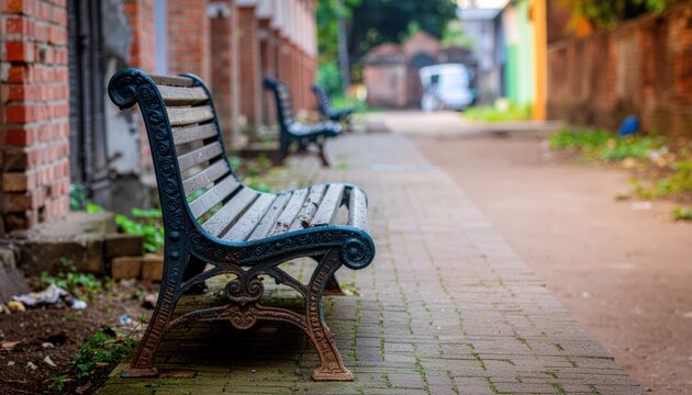 Alleyway with empty wooden benches outside.