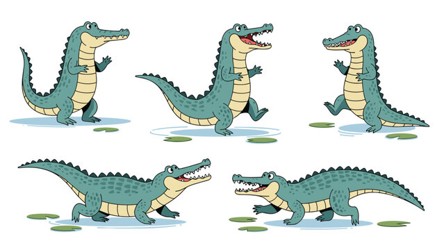 Collection of green cartoon crocodiles in various active poses such as walking and standing on a pond surface with lily pads.