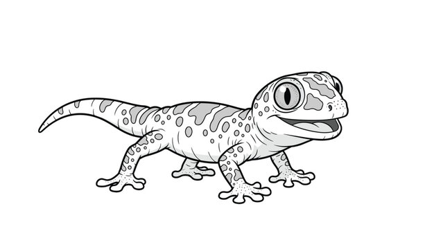 Detailed black and white line art illustration of a spotted leopard gecko walking forward with a friendly expression on its face.