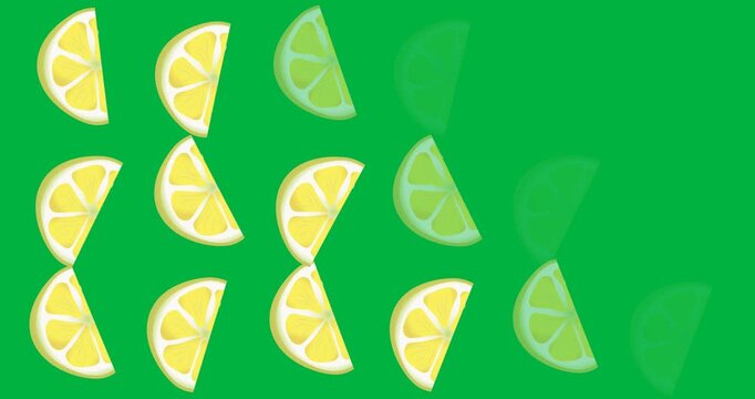 Digital animation of multiple lemon slice icons against black background