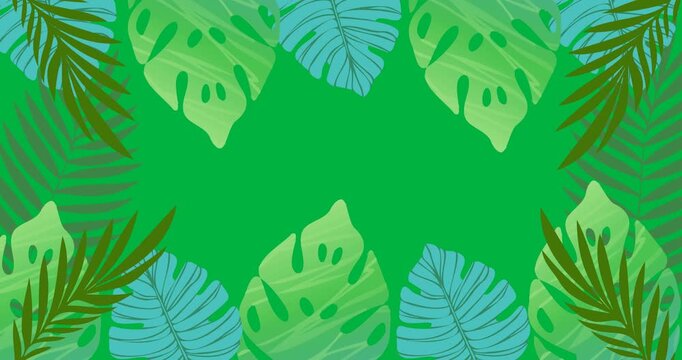 Digital animation of green leaves and branches with copy space on black background