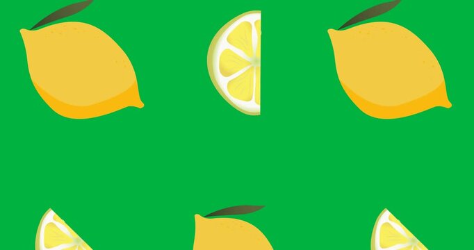 Digital animation of multiple lemon slice and lemon icons falling against black background