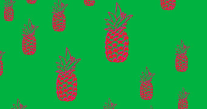 Digital animation of multiple pink pineapple icons against black background