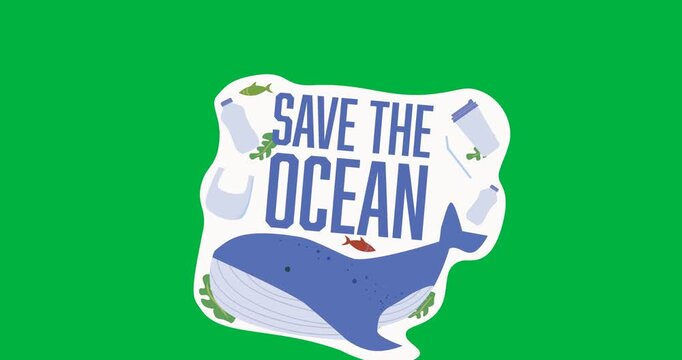 Digital animation of save the ocean text and whale icon against black background