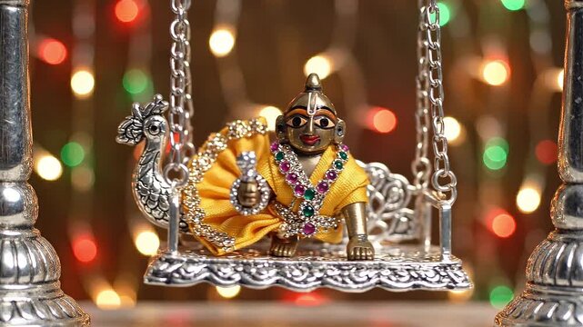Masik Krishna Janmashtami Celebration Featuring a Small Brass Ladoo Gopal Idol in a Detailed Silver Swing Adorned with Yellow Silk and Jewels