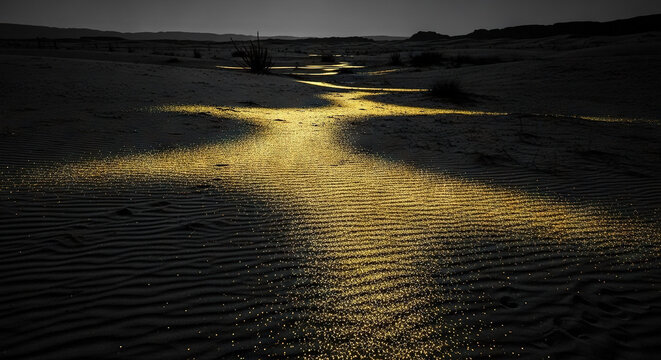 Sunlight Path Across Desert Dunes at Sunset