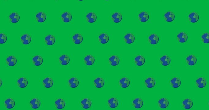Digital animation of multiple globe icons in seamless pattern against black background