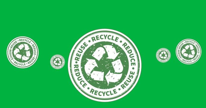 Recycle symbol on multiple round banners and plastic bottle icons floating against black background