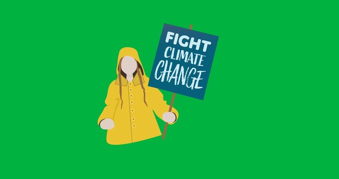 Digital animation of woman icon holding fight climate change text protest banner on black background