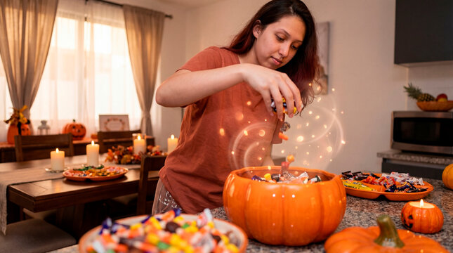 Generous woman filling pumpkin bowl with Halloween candy treats