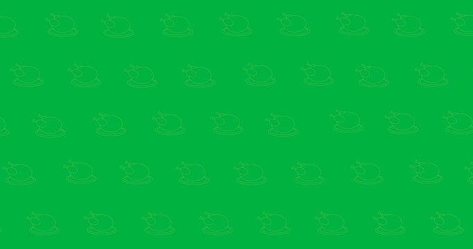 Digital animation of multiple green cooked turkey icons in seamless pattern against black background