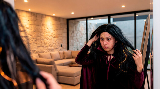 Mysterious woman adjusting vampire wig for Halloween costume