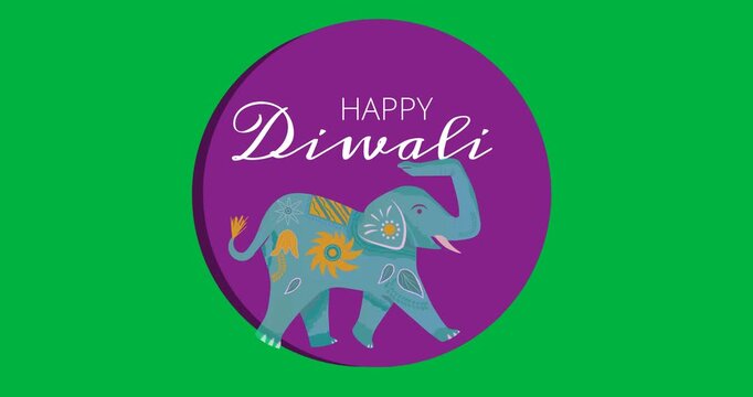 Digital animation of happy diwali text banner with elephant icon against black background