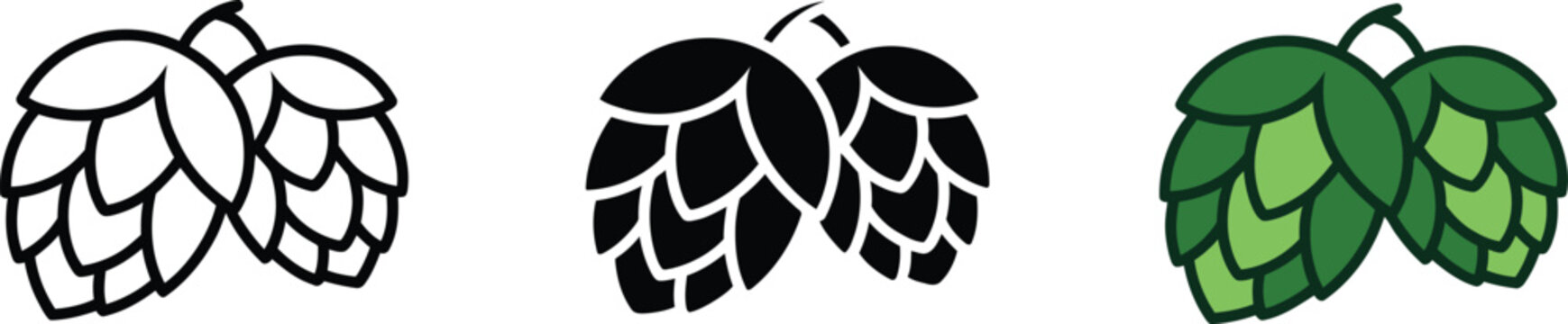 Three stylized hop cones in outline black silhouette and green color variations hops plant