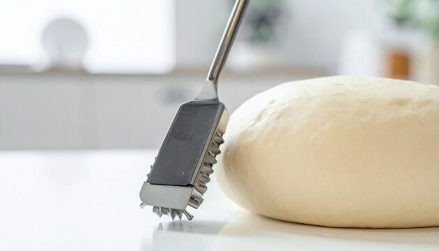 Close up of dough with a dough docker on a bright white surface