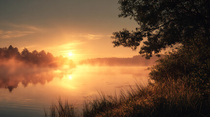 Fototapeta premium A serene lake at sunrise with golden light reflecting on calm waters and trees at the shore, creating a peaceful scene.