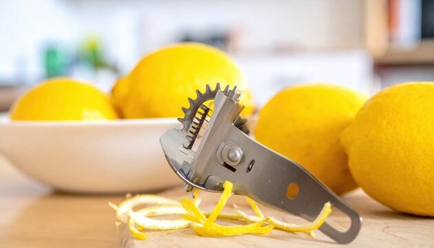 Close up of fresh lemons and zester tool on a wooden surface
