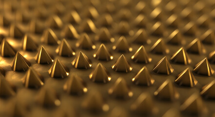 Fototapeta premium Photorealistic extreme macro futuristic metamaterial surface perfectly repeating microscopic gold pyramids light.