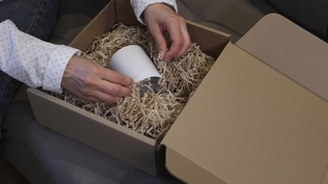 Mug. White mug. Gift wrapping. Slow motion video. . High quality 4k footage