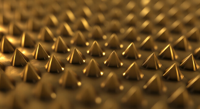 Photorealistic extreme macro futuristic metamaterial surface perfectly repeating microscopic gold pyramids light.