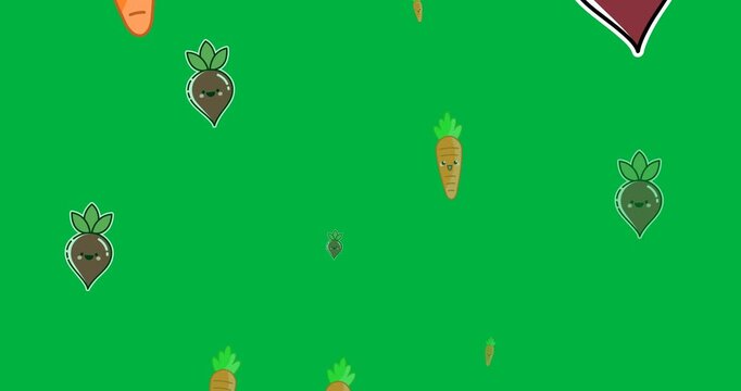 Digital animation of multiple vegetables icons in seamless pattern against black background