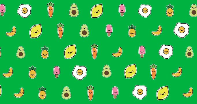 Digital animation of multiple food items in seamless pattern against black background