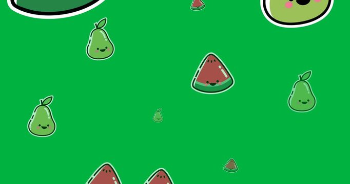 Digital animation of multiple fruits icons in seamless pattern against black background