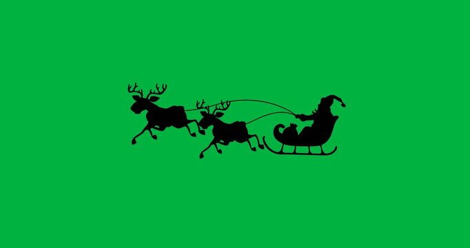 Black silhouette of santa claus in sleigh being pulled by reindeers against white background