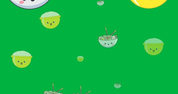 Digital animation of rice and noodles in a bowl icons in seamless pattern against black background