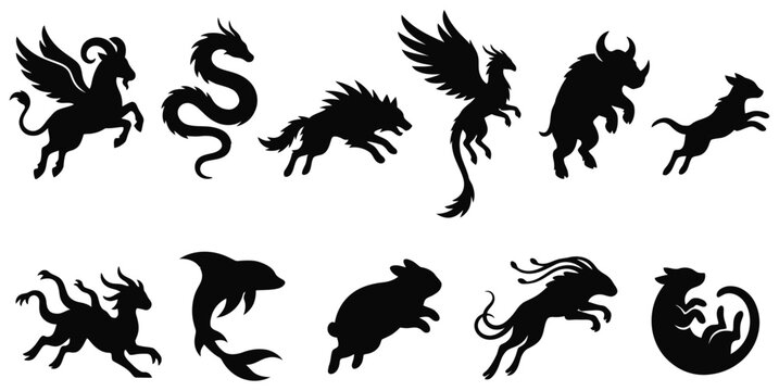 Collection of stylized black silhouettes of mythical and real creatures including a dragon pegasus griffin wolf bull rabbit dolphin and other fantasy beasts Collection of stylized black