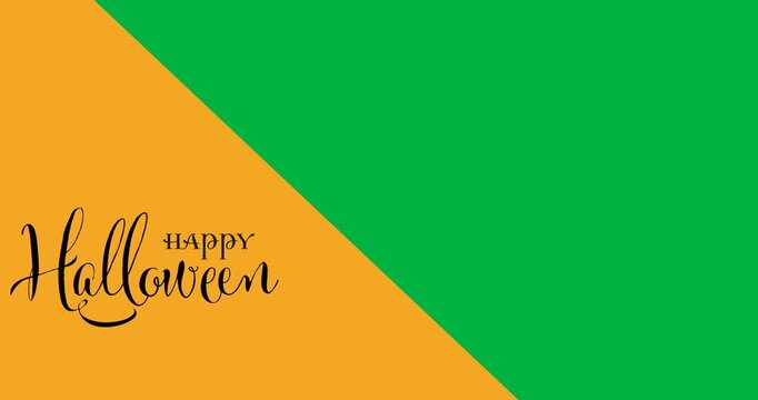 Digital animation of happy halloween text banner against yellow and black dual tone background