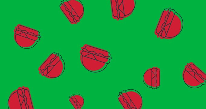 Digital animation of multiple red burger icons falling against black background