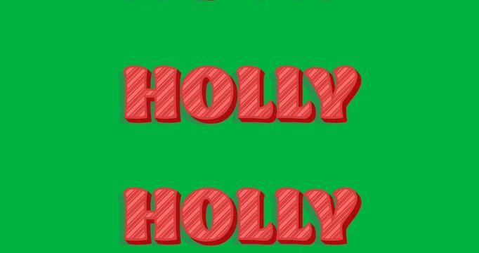 Digital animation of holly text banners in seamless pattern against black background