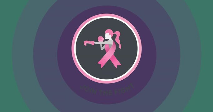 Join the fight text banner with female fighter and pink ribbon icon against purple background
