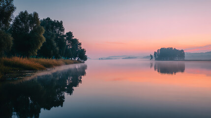 Fototapeta premium A serene landscape at dawn with calm water reflecting the soft colors of the sky, surrounded by lush trees.