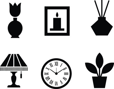 Home decor silhouette icon set featuring lamp candle frame plant clock and diffuser isolated on clean minimal background vector