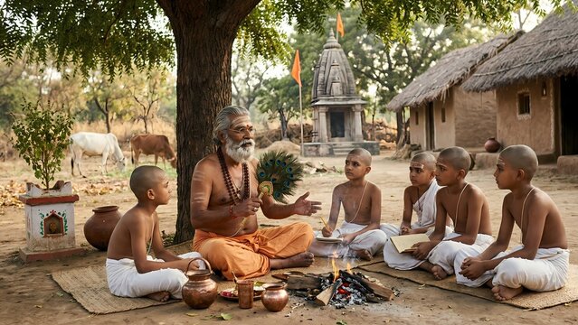 Indian Guru Teaching Students in Rural Village, Traditional Education Scene