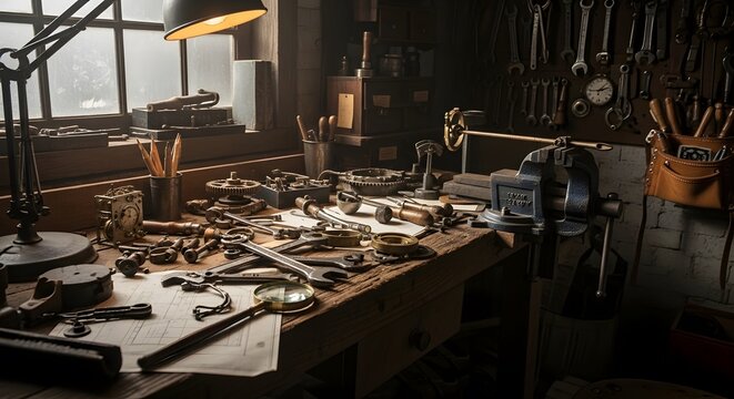 An antique mechanical tool and an old industrial wood cutting machine stand as retro tech tools inside a woodworking workshop.

